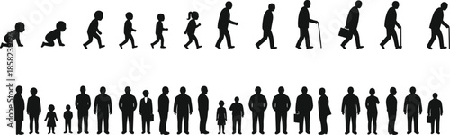 Human life stages silhouette illustration, baby to old age evolution, people growing concept, generational change, aging, childhood to elderly