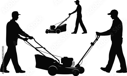 Lawn mowing silhouette vector set, black gardening worker designs in multiple positions for outdoor maintenance art, yard care illustration, and landscaping graphics