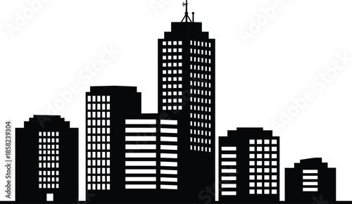 Modern city skyline vector silhouette, urban architecture illustration, high-rise buildings landscape, real estate cityscape icon, black downtown skyline art