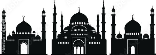 Islamic mosque silhouette vector illustration, black mosque icons, Islamic architecture, Muslim temple art, Ramadan mosque background, Muslim prayer buildings design