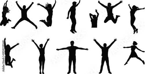 Jumping people silhouette set, energetic poses, active lifestyle concept, happiness expression, male female figures in motion, vector clipart for design illustration