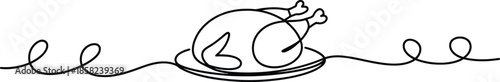 Minimalist single line drawing of a roasted chicken on a plate Vector