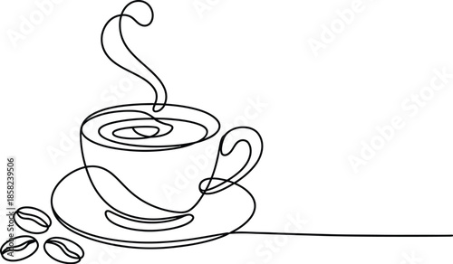 Steaming cup of coffee with beans, continuous one line drawing art Vector
