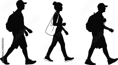 Three walking people silhouettes side view, men with backpacks and woman with bag, isolated cad drawing flat vector illustration