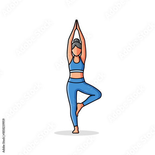 A cartoon illustration of a woman in a blue outfit doing the yoga tree pose.