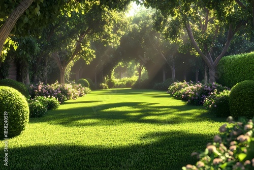 Lush Green Grass and Vibrant Trees in Tranquil Park Sunlight on a Bright Day Landscape background