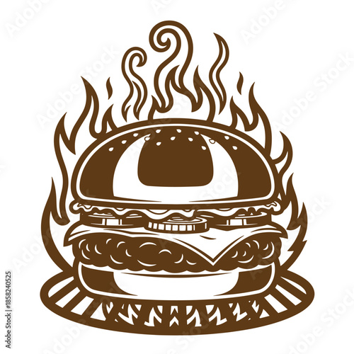 Vintage Brown hamburger with flames rising up from it isolated on white background  a mouthwatering fast food meal