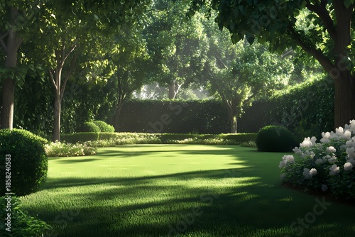 Lush Green Grass and Vibrant Trees in Tranquil Park Sunlight on a Bright Day Landscape background