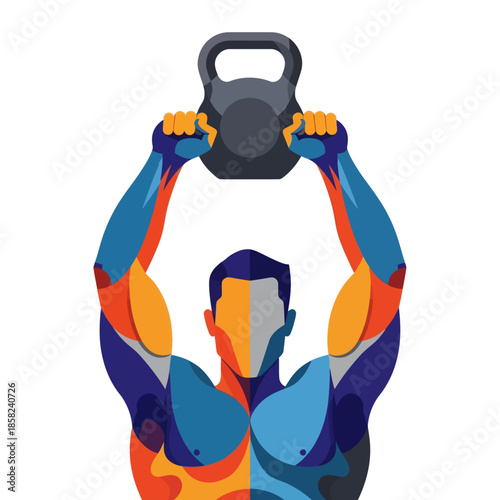A stylized colorful illustration of a muscular man lifting a heavy kettlebell overhead.