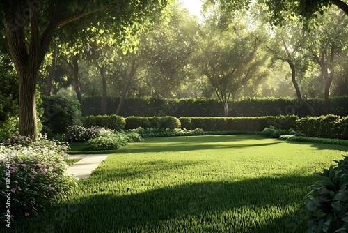 Lush Green Grass and Vibrant Trees in Tranquil Park Sunlight on a Bright Day Landscape background