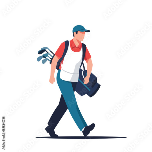 A stylized illustration of a golf caddie or player walking while carrying a bag of clubs on his shoulder.