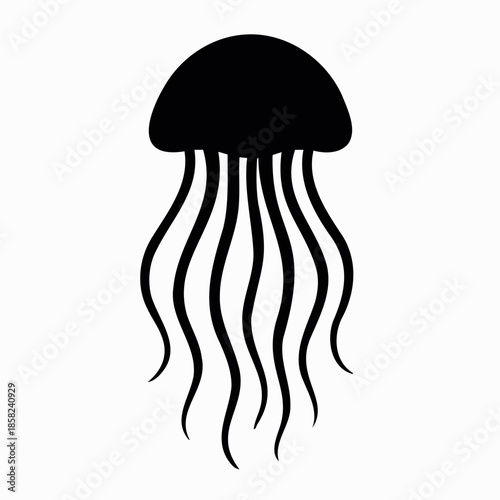Black silhouette of a jellyfish with long, flowing tentacles, a simple and elegant vector graphic design
