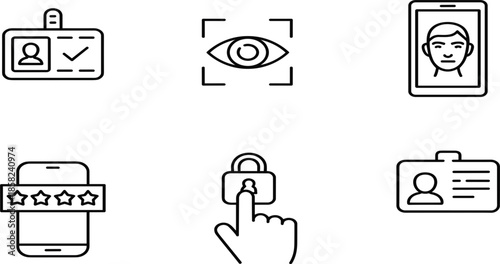 Biometric security and identification line icon set, facial recognition, eye scan, digital id cards, mobile lock, authentication elements