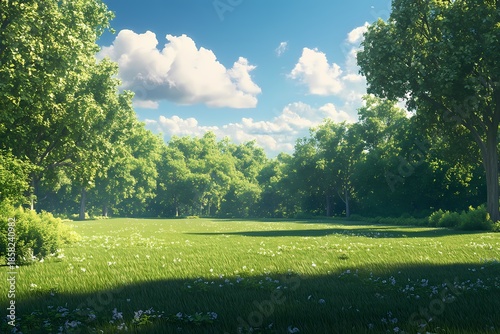 Lush Green Grass and Vibrant Trees in Tranquil Park Sunlight on a Bright Day Landscape background