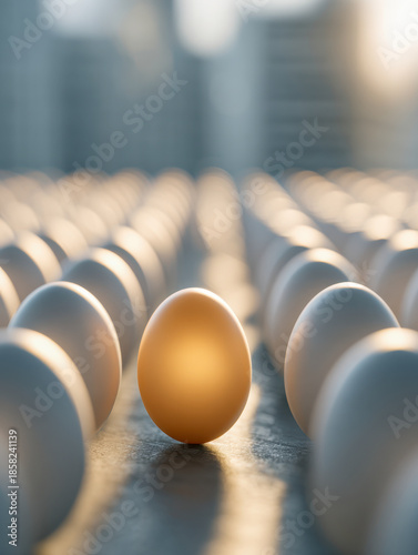 A golden egg standing out prominently in the middle of rows of white eggs symbolizing uniqueness and individuality in bright natural light