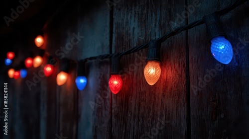 String of Red and Blue Bulbs Against Weathered Wooden Wall in Rustic Lighting