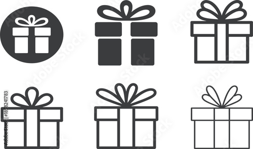 Gift box icon set for Christmas and birthday presents, surprise package symbols, holiday celebration vector elements for web