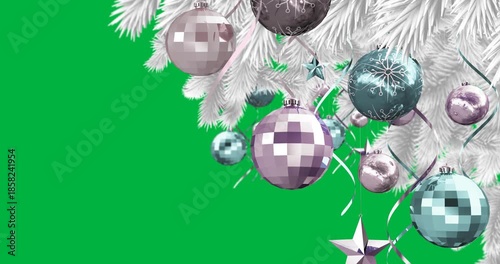 Digital animation of christmas bauble and star decoration on christmas tree against black background