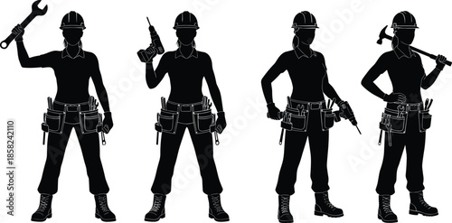 Construction workers silhouette, tool holding pose, safety gear, tradespeople vector, black and white, industrial labor, teamwork, job site, skilled workforce