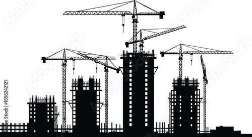 Construction site silhouette, tower cranes, high-rise buildings, urban development, scaffolding, engineering progress, city skyline, vector illustration, black and white, architecture scene