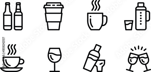 Beverage and drink line icon set, coffee cup, beer bottles, wine glass, hot tea, and cocktail shaker symbols