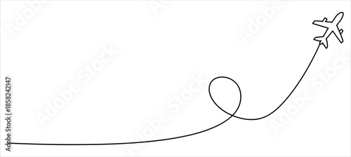 Airplane soaring through the sky with dynamic curved flight path vector.