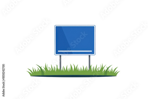 a simple flat 2D icon of a 'campaign yard sign', a rectangular sign on metal stakes sitting in grass, minimalist design, solid blue and white colors, clean sharp lines, no shadows