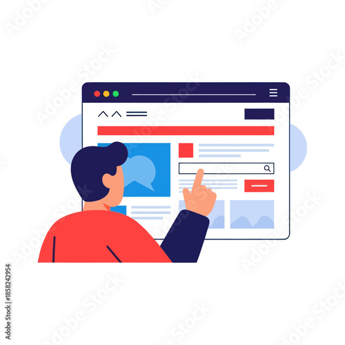 A person in a red shirt searching for information online using a web browser interface.