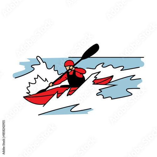 A person in a red kayak and helmet paddles through stylized whitewater waves.