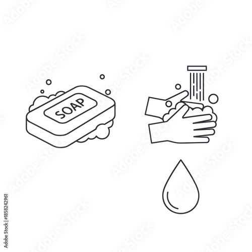 A set of black and white line art icons depicting hand washing with soap, running water, and a water droplet for hygiene.