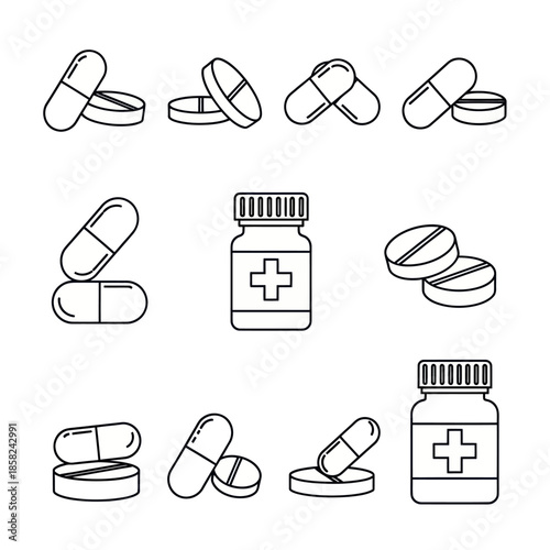 A set of black outline medical icons featuring pills, capsules, and medicine bottles in a simple, clean line art style.