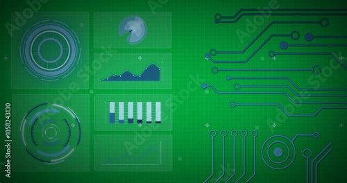 Animation of statistics recording and scope scanning with blue computer circuit board elements
