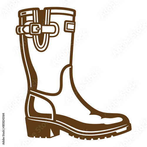 Vintage brown rubber knee high boot with buckle and heel isolated on transparent background