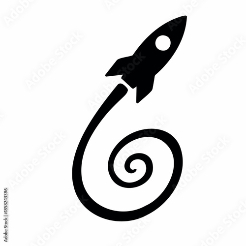Simple black silhouette icon of a rocket launching upwards with a long, swirling exhaust trail forming a spiral shape