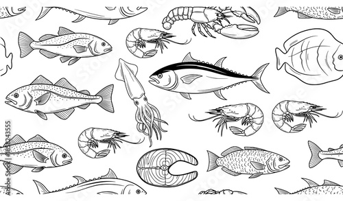 Hand drawn seafood seamless pattern with fish lobster shrimp and squid blue outline on white