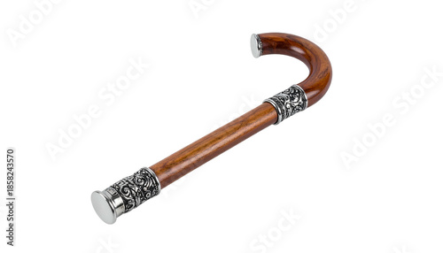 Elegant curved wooden cane with silver accents, isolated on black