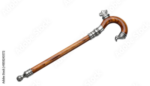 Elegant walking stick with curved handle, silver accents, and a wooden shaft