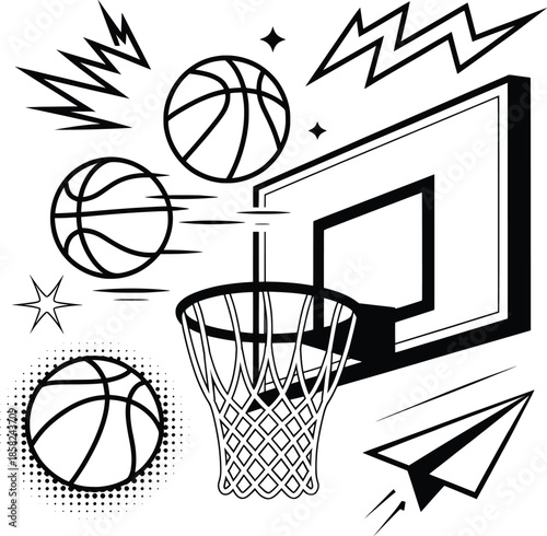 Dynamic Basketball Hoop and Ball Action Vector Illustration.