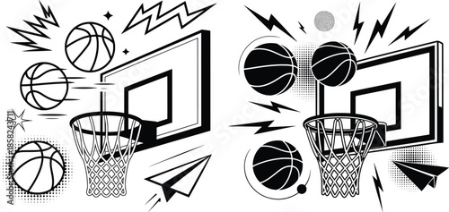 Dynamic Basketball Hoop and Ball Action Vector Illustration.