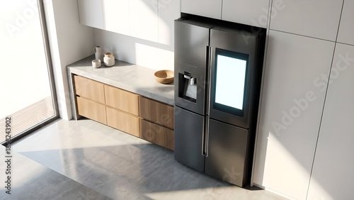 Modern smart refrigerator with large touch screen in kitchen