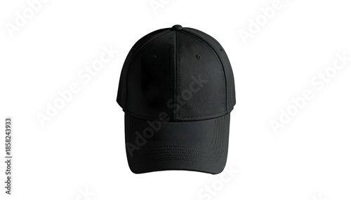 A front-facing studio shot of a black, plain baseball cap against a stark black background