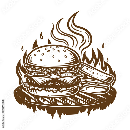 Vintage grilled hamburger with cheese and flames on a barbecue grill isolated on transparent background