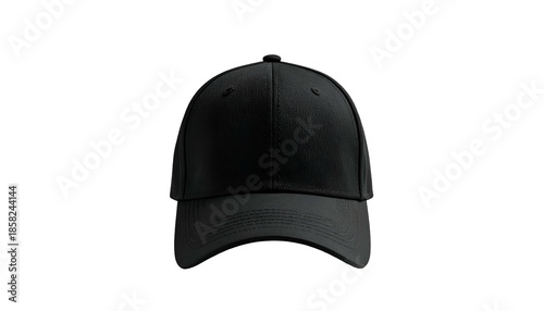 Front-facing, plain black baseball cap isolated on a dark background