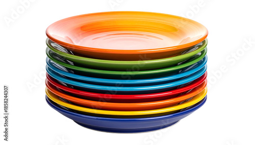 A vibrant stack of colorful plates, arranged in a rainbow spectrum against a black backdrop