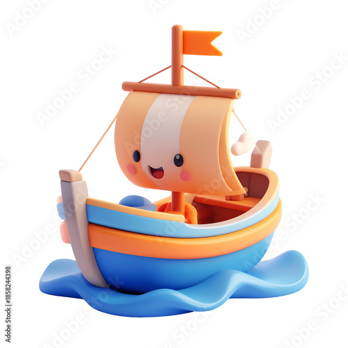 3D cartoon boat with a smiling face, sailing on waves, orange and blue colors