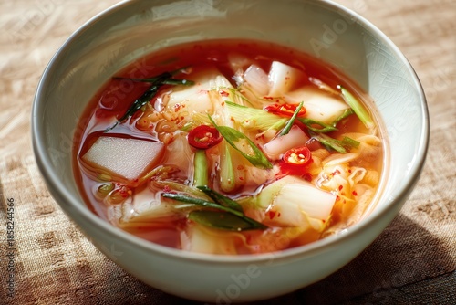 Fresh Nabak Kimchi Soup Served in Ceramic Bowl, Korean Fermented Food