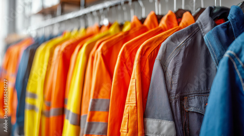 Industrial safety jackets and work uniforms hanging in a row showcasing vibrant colors and reflective stripes in a well-organized storage area for labor protection g