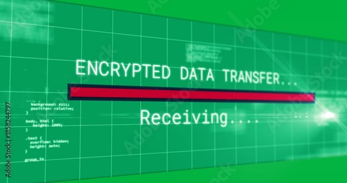 Animation of text, encrypted data transfer, receiving, with moving red bar on blue interface