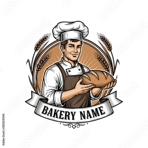 Artistic bakery chef holding freshly baked bread with wheat accents and a
