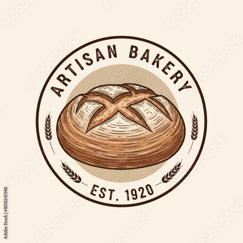 Vintage artisan bakery logo featuring rustic bread with handcrafted elements